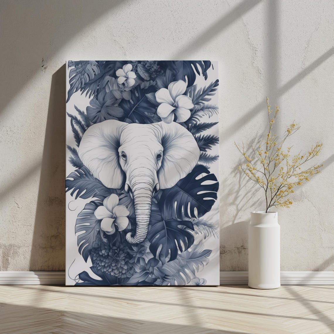 Monochrome Elephant Tropical Leaves Jungle Wildlife Safari Art Poster
