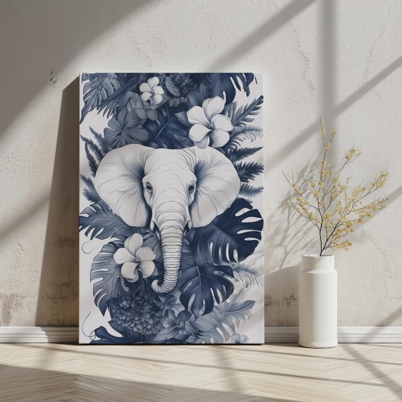 Monochrome Elephant Tropical Leaves Jungle Wildlife Safari Art Poster