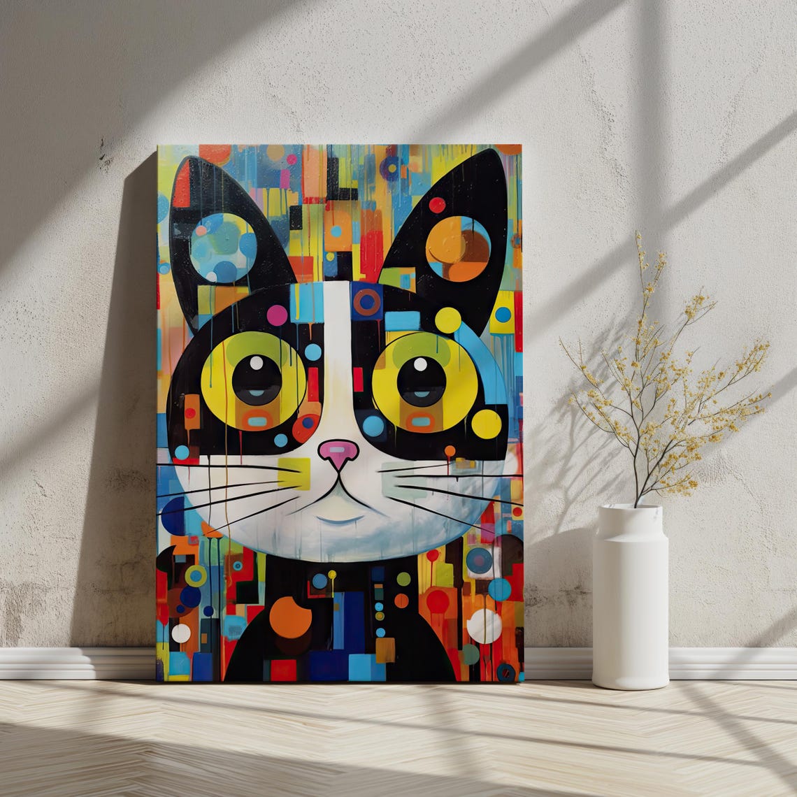 Pop Art Cat Face Print Colorful Geometric Dots Yellow Eyes Wall Poster