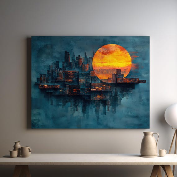 Semi Abstract City Skyline Art Vibrant Urban Landscape With Geometric Shapes And Organic Flow In Orange And Blue Tones Ai Art