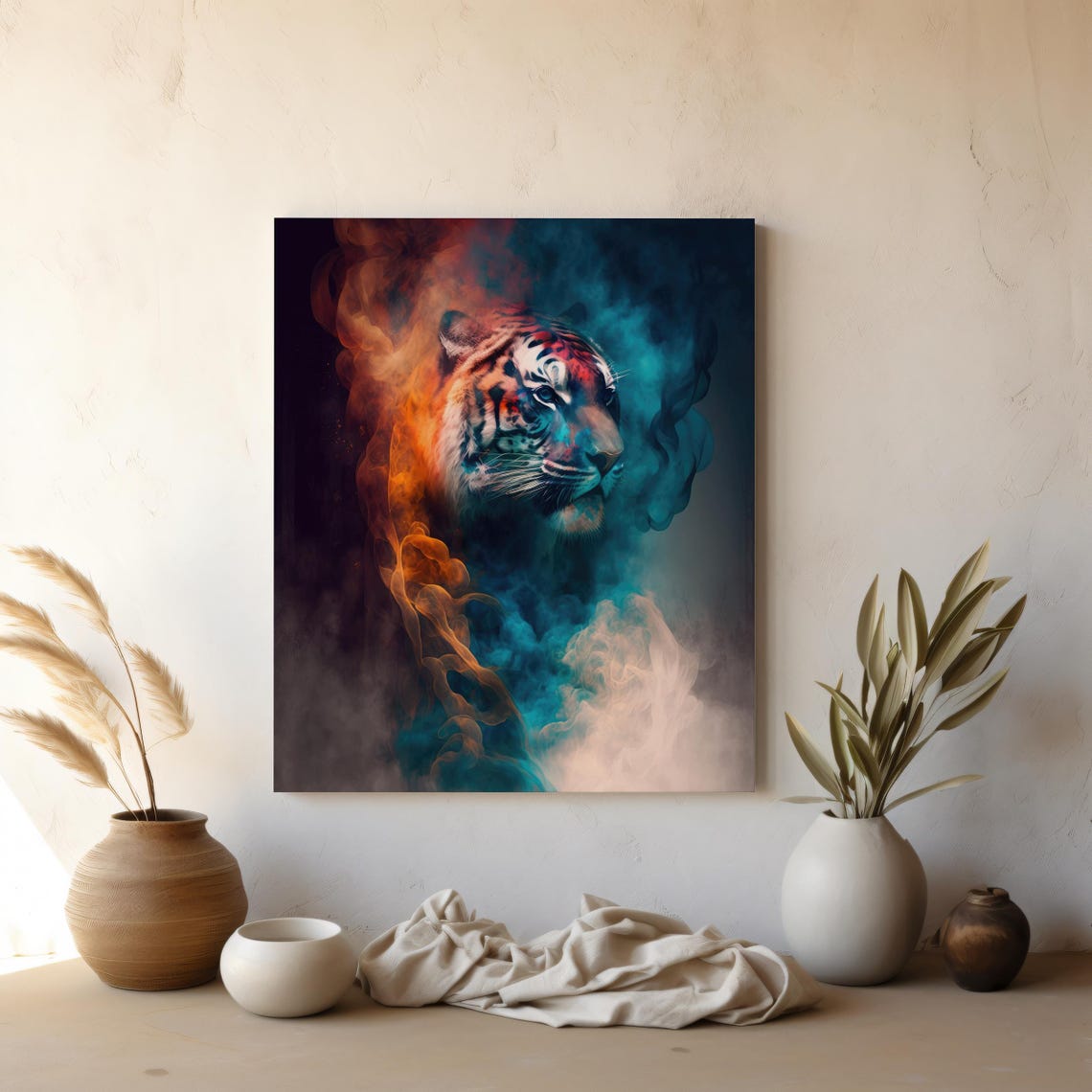 Tiger Head In Colorful Smoke Teal Orange Surreal Animal Art Poster - Image 2