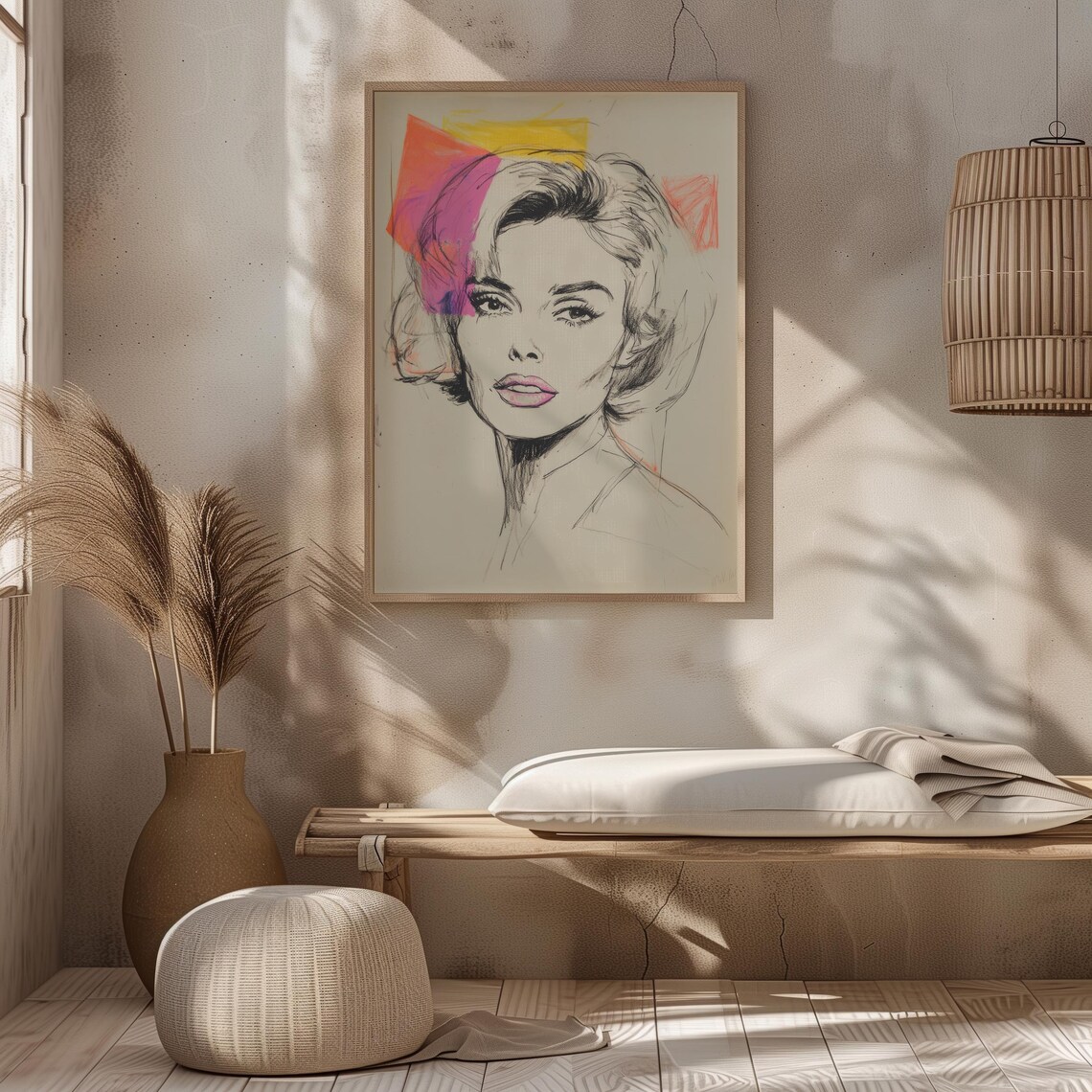 Retro Pop Art Woman Portrait Charcoal Sketch Neon Color Blocks Poster - Image 7