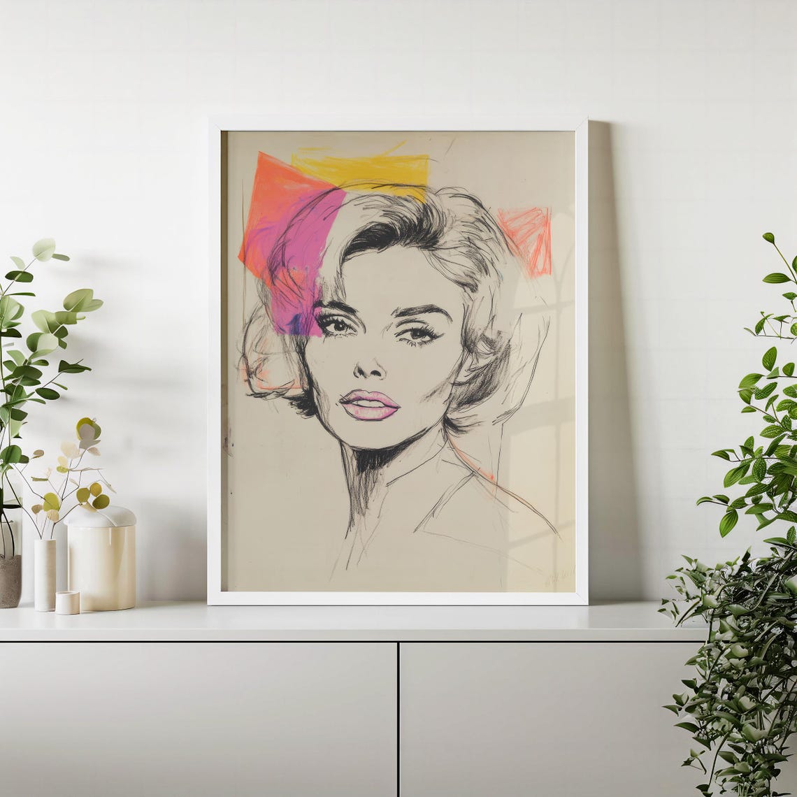 Retro Pop Art Woman Portrait Charcoal Sketch Neon Color Blocks Poster - Image 6