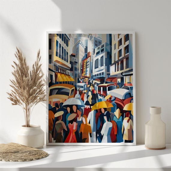 Abstract City Street Scene Art Vibrant Urban Life Geometric People And Buildings Modern Cityscape Wall Decor Ai Art