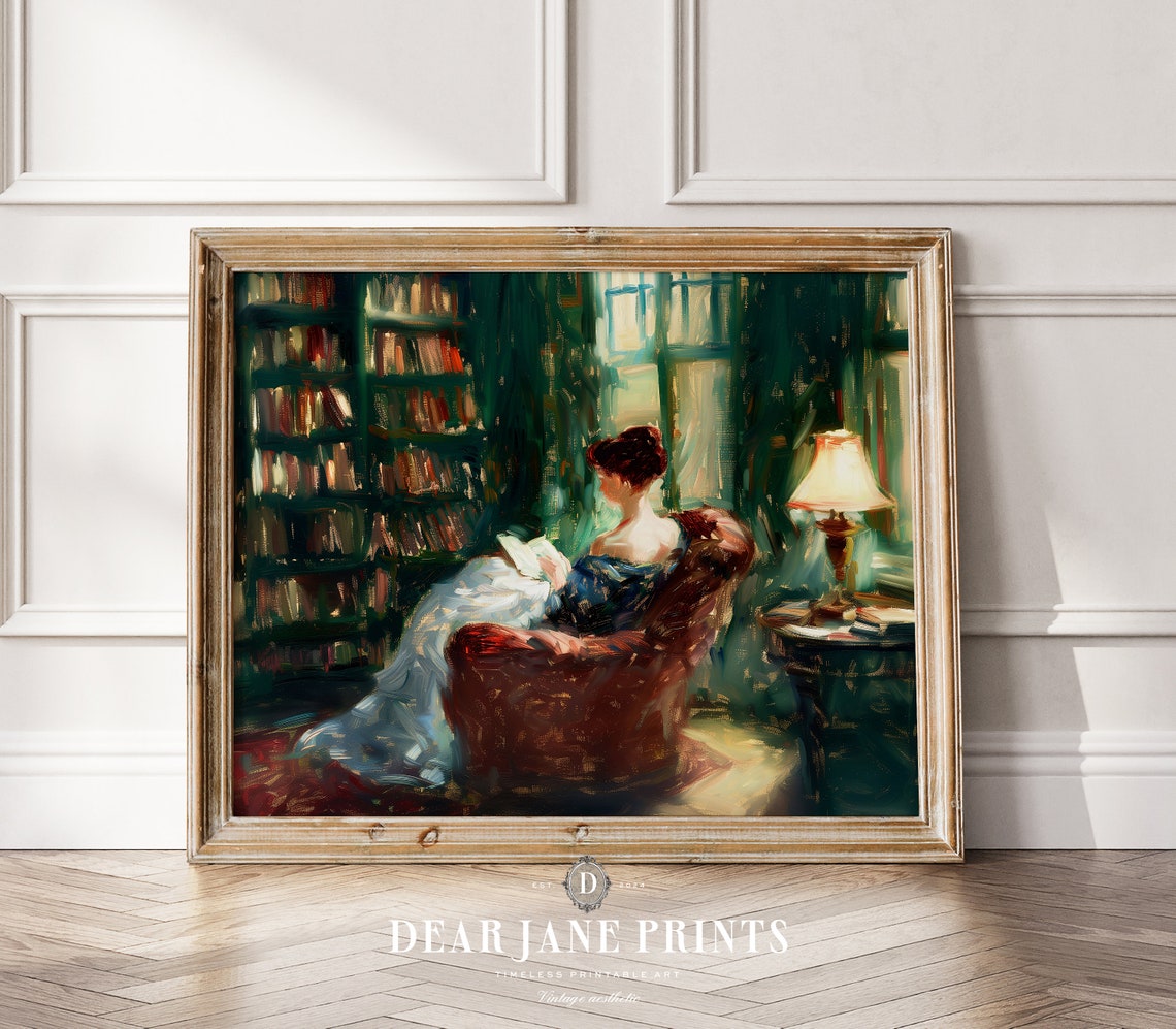 Woman Reading In Armchair By Cozy Library Impressionist Art Poster - Image 2