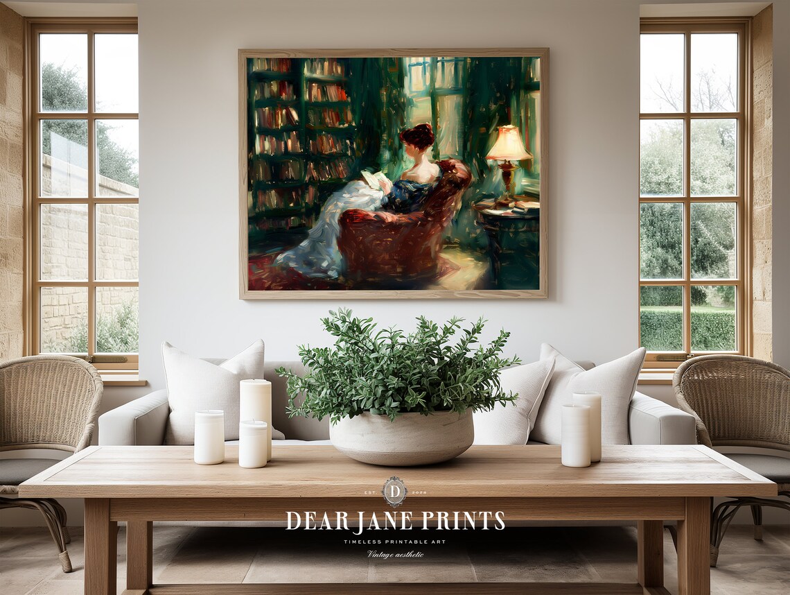 Woman Reading In Armchair By Cozy Library Impressionist Art Poster