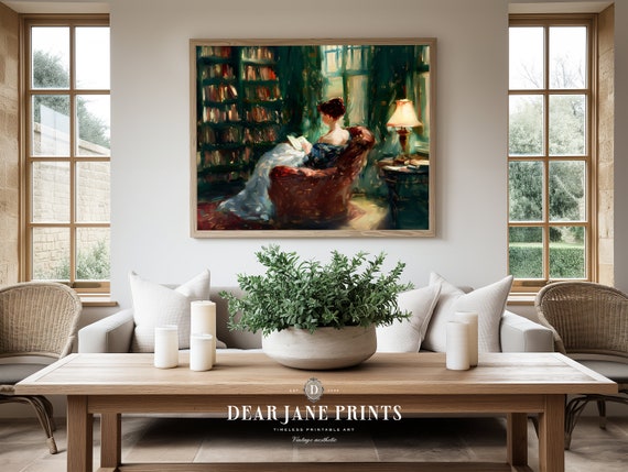 Vintage Library Elegant Woman Reading Wall Art Painting Office Decor Academia Vintage Print
