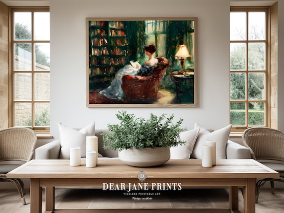 Woman Reading In Armchair By Cozy Library Impressionist Art Poster