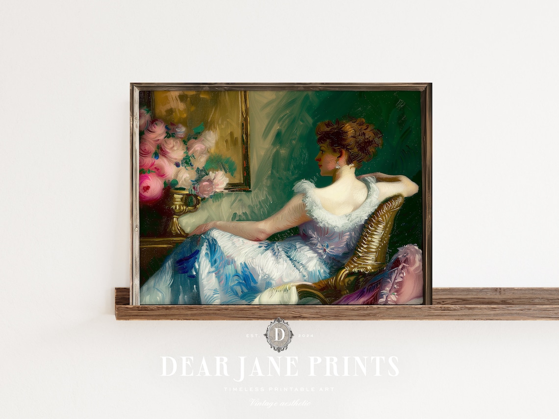 Elegant Woman In Evening Gown Roses Vintage Impressionist Wall Art - Image 2