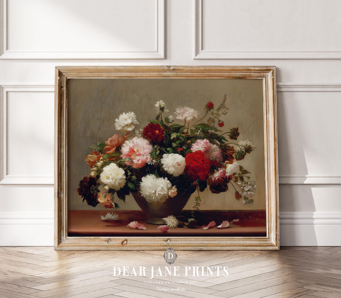 Mixed Red White Pink Dahlias Bouquet Classic Still Life Table Poster