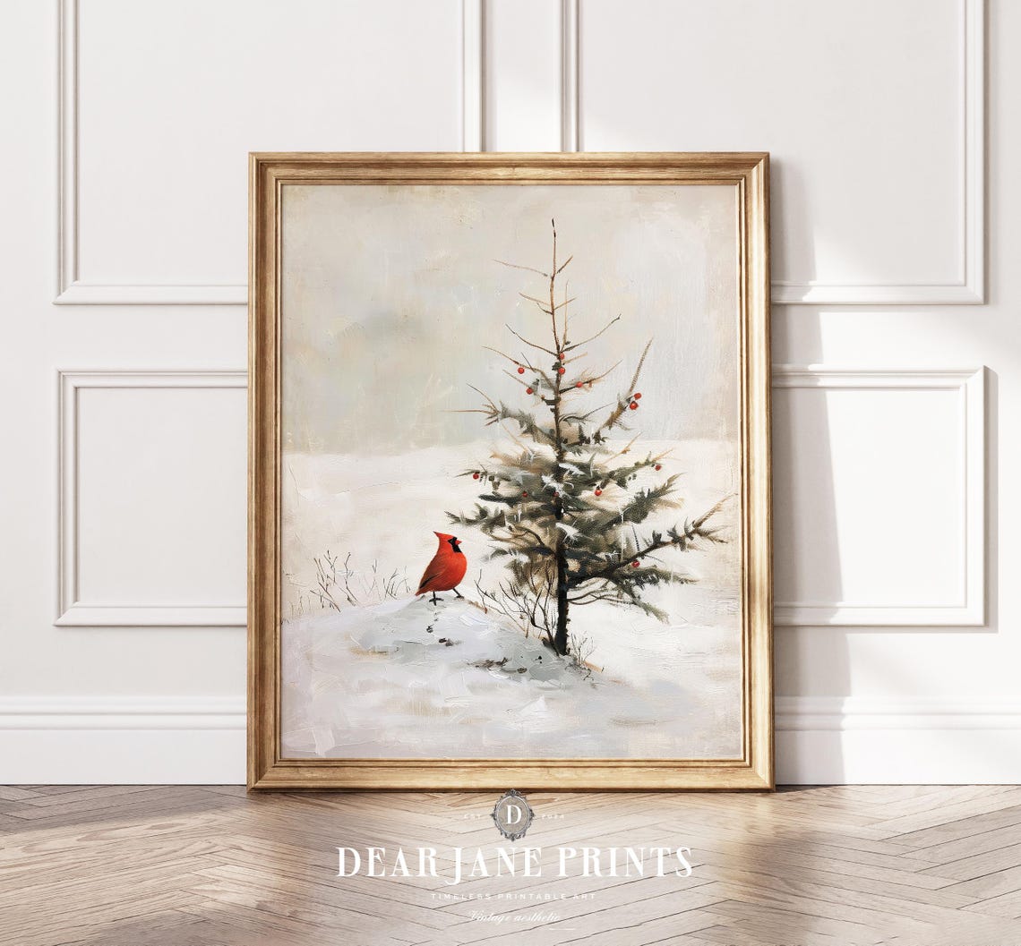 Red Cardinal Bird Beside Snowy Evergreen Tree Winter Scene Poster