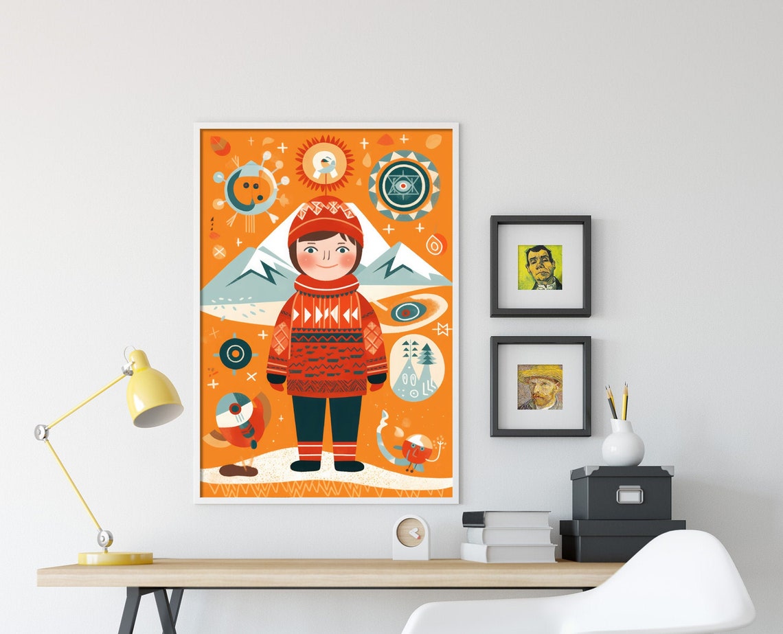 Norwegian Winter Child Folk Illustration Scandinavian Style Poster - Image 4
