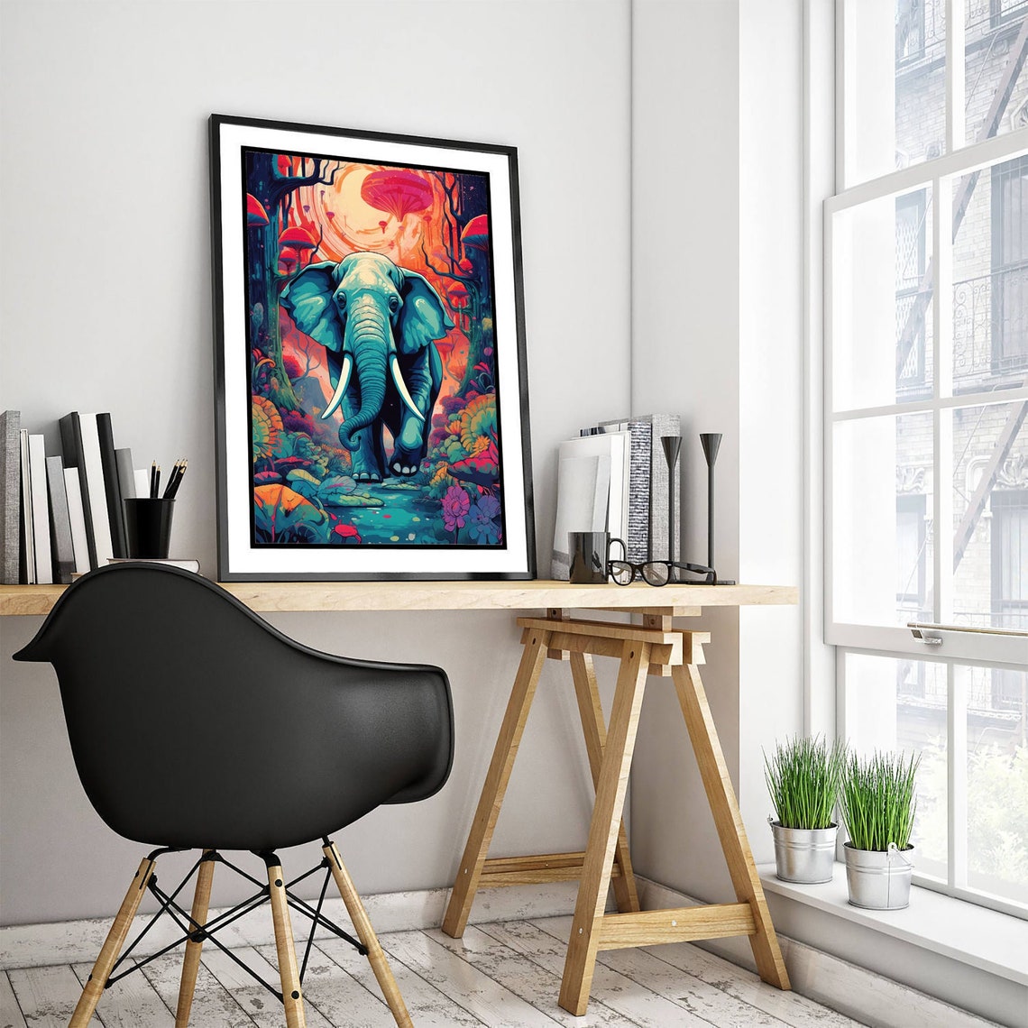 Psychedelic Teal Elephant Giant Mushroom Forest Trippy Art Poster - Image 3