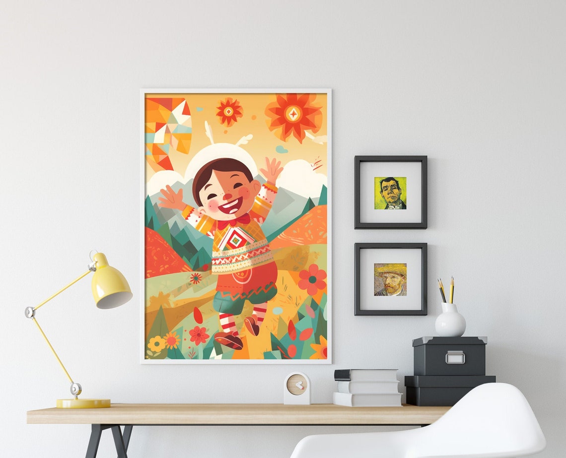Joyful Boy in Traditional Folk Outfit Flower Meadow Art Poster - Image 4