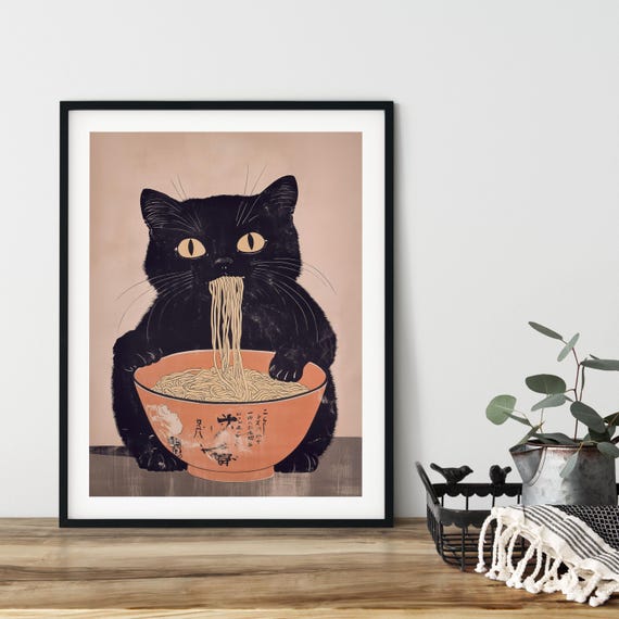 Black Cat Poster Ramen Noodles Whimcycle Art Kitchen Wall Various Sizes Instant Ai Fat