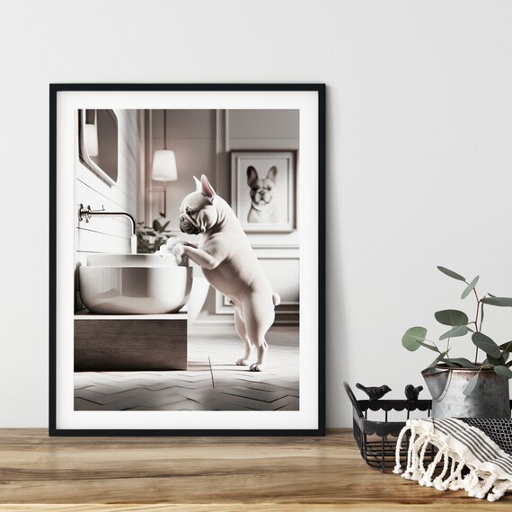 French Bulldog Washing Paws In The Bathroom Funny Wall Art Poster Instant Ai Dogs