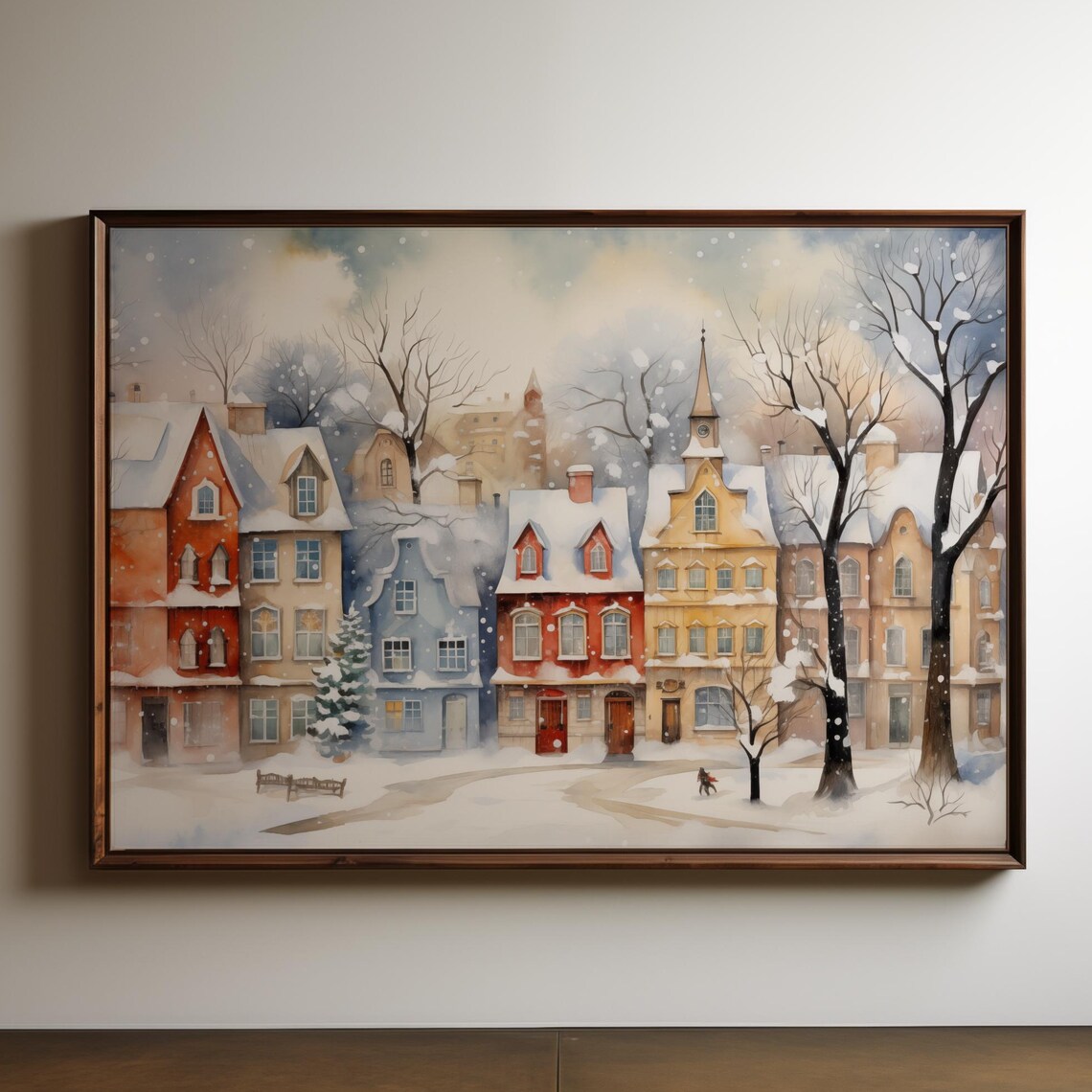 Christmas Village Art Print, Cozy Winter Holiday Scene