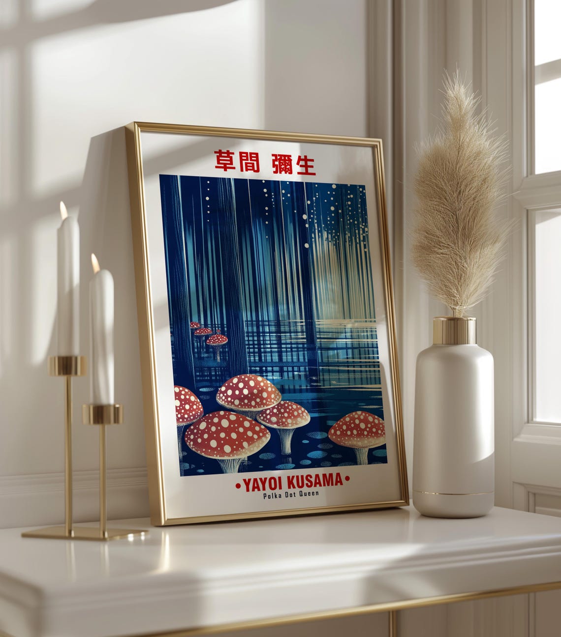 Red Spotted Mushrooms Blue Night Forest Kusama Inspired Poster - Image 3