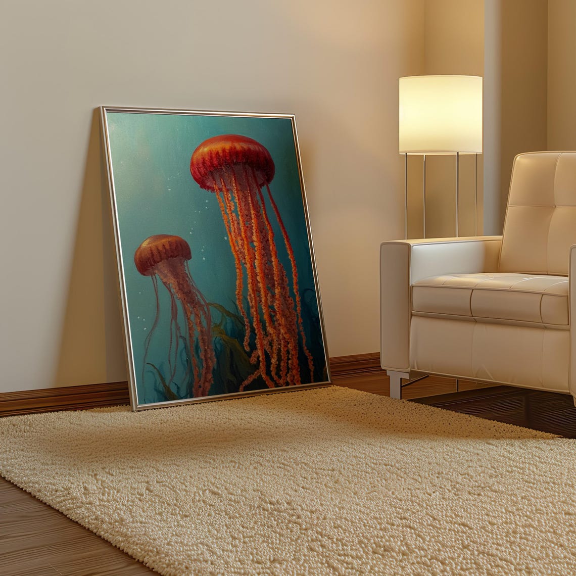 Kusama Inspired Large Orange Jellyfish Duo Teal Water Poster - Image 3