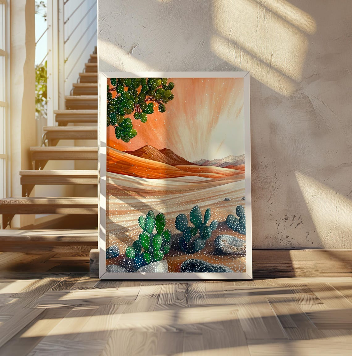 Vibrant Prickly Pear Cactus Desert at Orange Sunset Art Poster