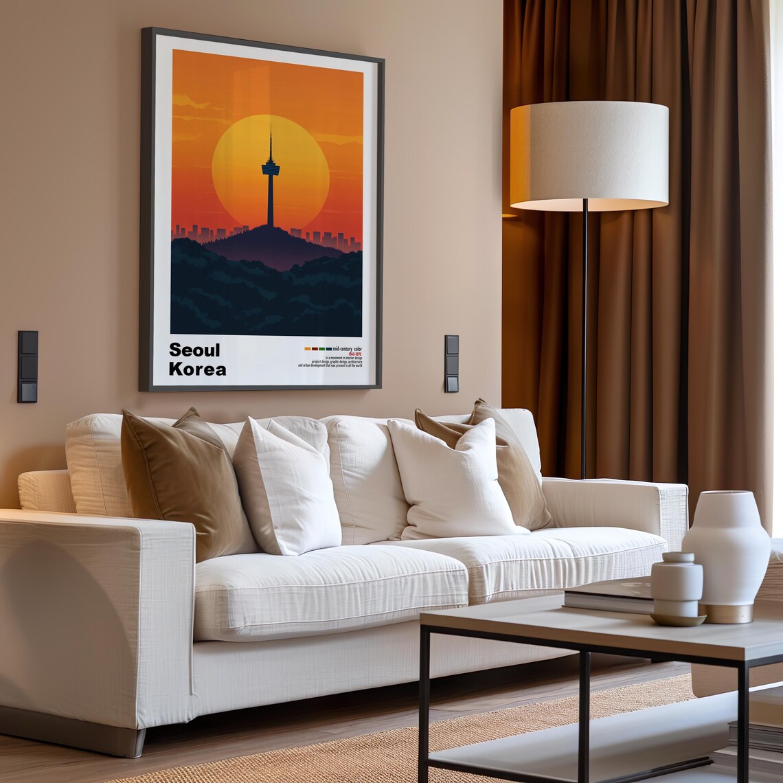 Seoul Korea N Seoul Tower Sunset Skyline Mid Century Travel Poster - Image 3