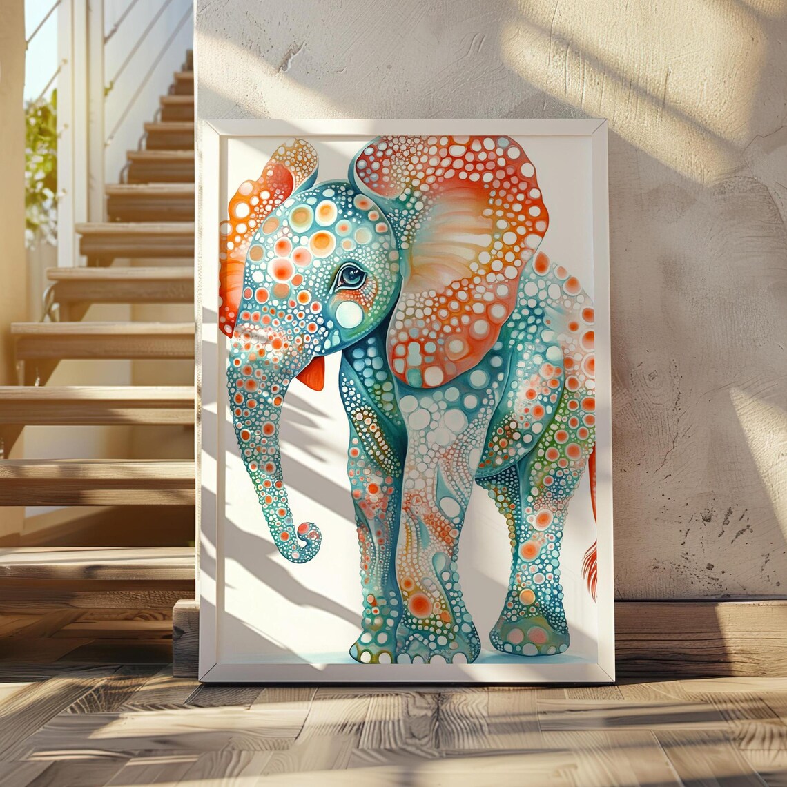 Sweet Baby Elephant in Teal and Orange Polka Dot Style Art Poster