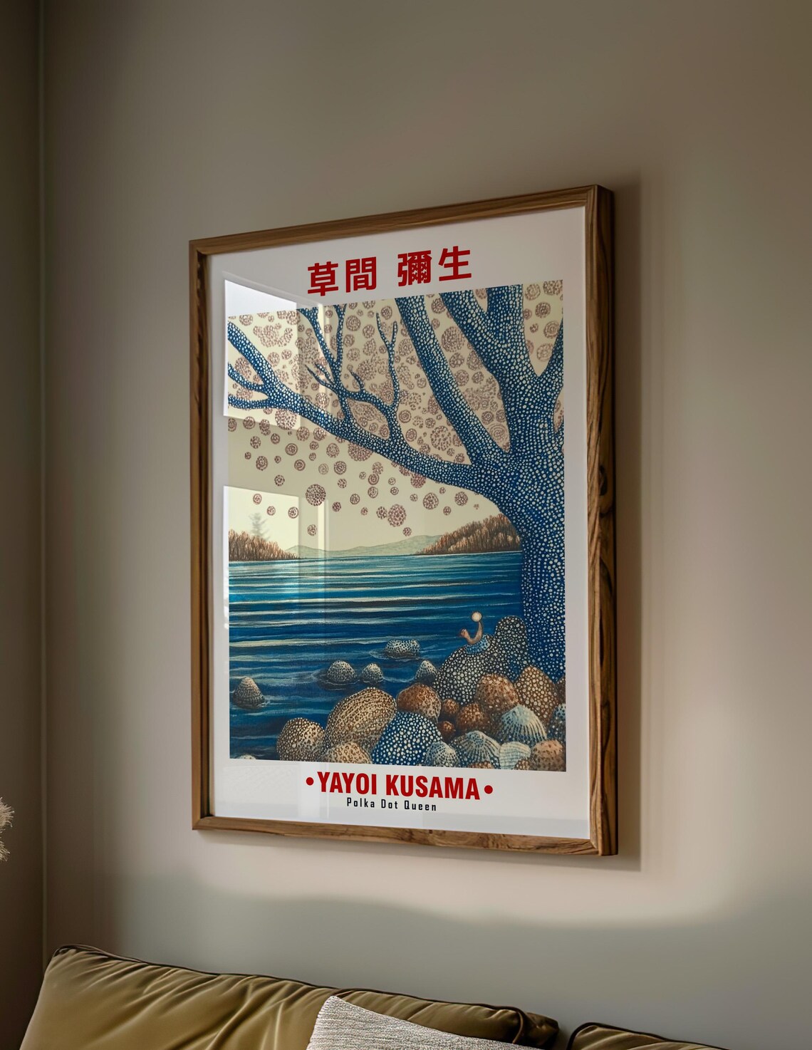 Blue Dotted Tree Lakeshore Rocky Banks Yayoi Kusama Inspired Poster - Image 2