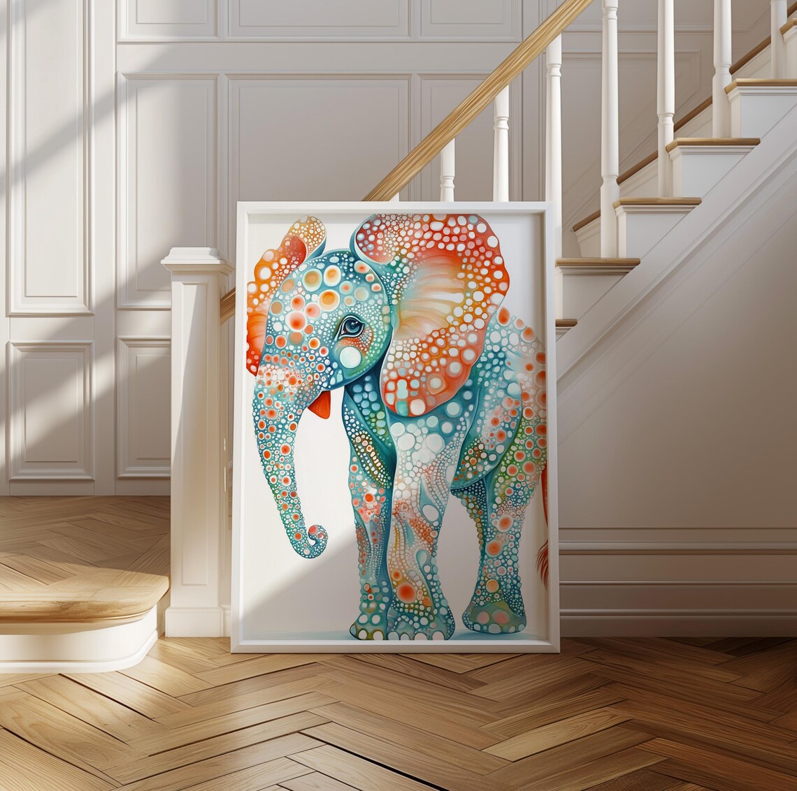 Sweet Baby Elephant in Teal and Orange Polka Dot Style Art Poster - Image 2