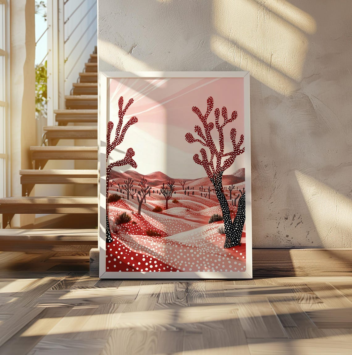 Red Dotted Trees Rising on Pink Desert Dunes Kusama Style Poster