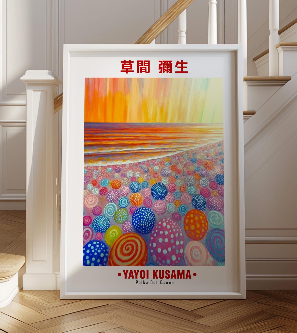 Cheerful Rainbow Polka Dot Eggs Beach Sunrise Kusama Inspired Poster