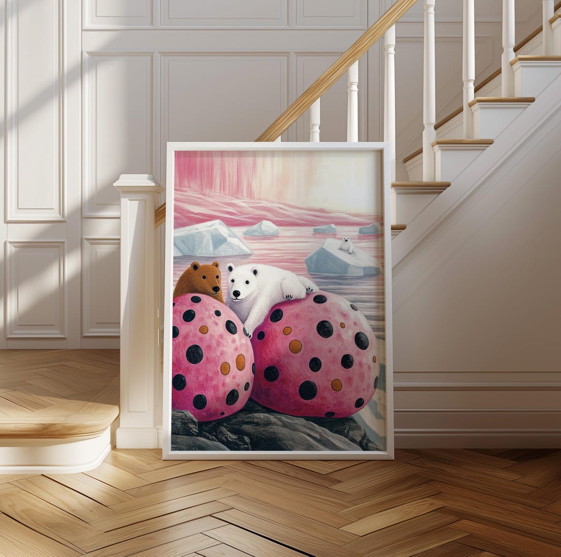 Polar Bears on Giant Pink Polka Dot Pumpkins in Arctic Poster - Image 2