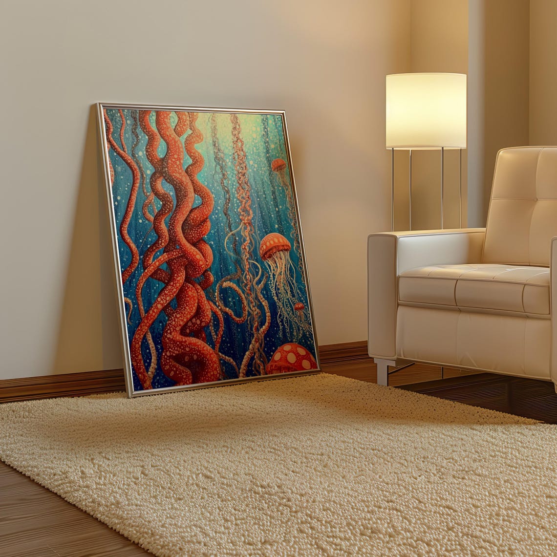 Kusama Inspired Twisting Tentacles Orange Jellyfish Abyss Poster - Image 3
