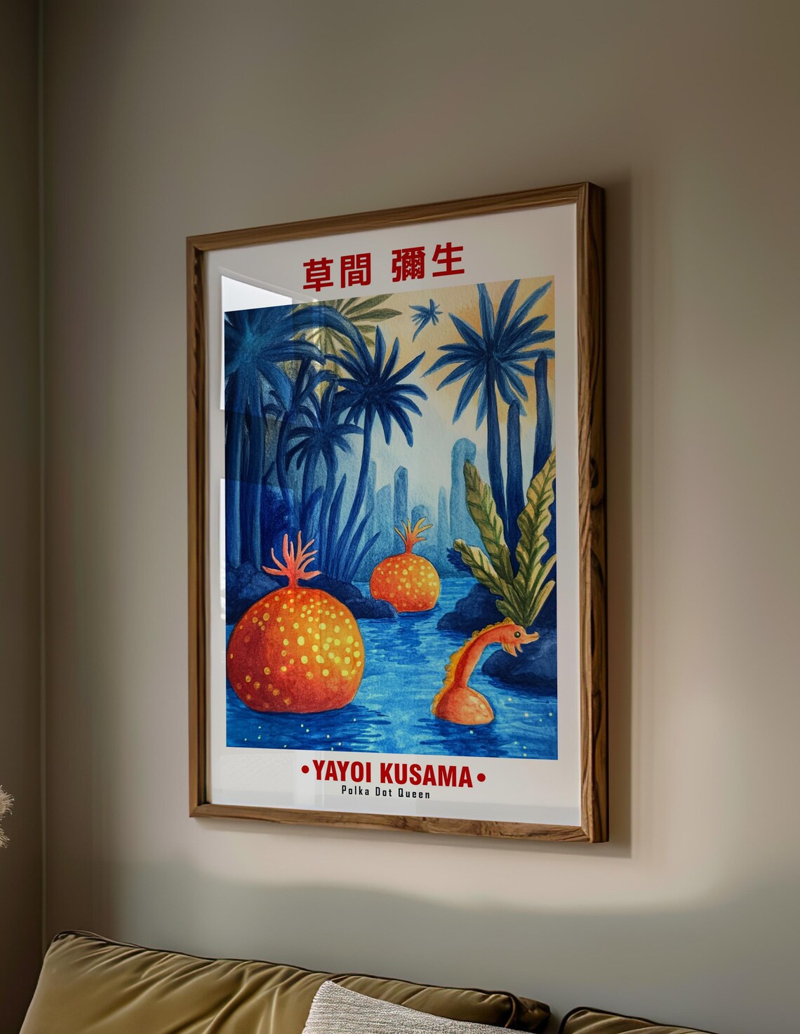 Blue Palm Lagoon Orange Gourd Floats Yayoi Kusama Inspired Poster - Image 2