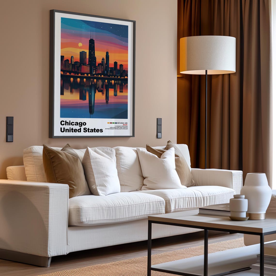 Chicago Skyline at Night Over Water Mid Century Modern Poster - Image 3