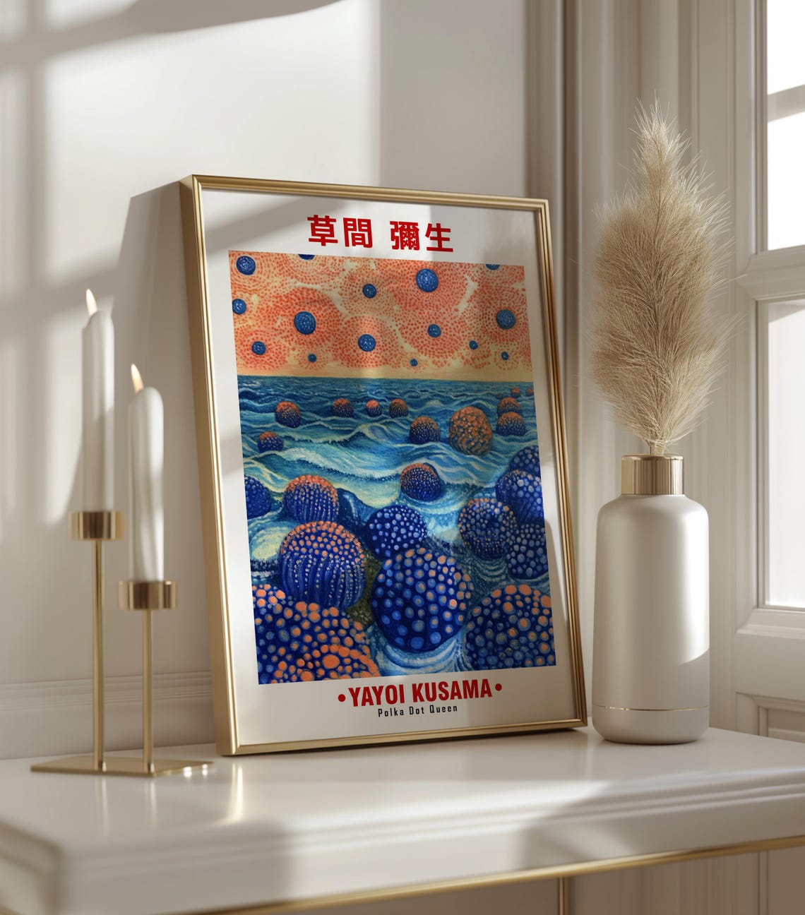 Bold Blue Dotted Balls Ocean Orange Sky Kusama Inspired Poster - Image 3