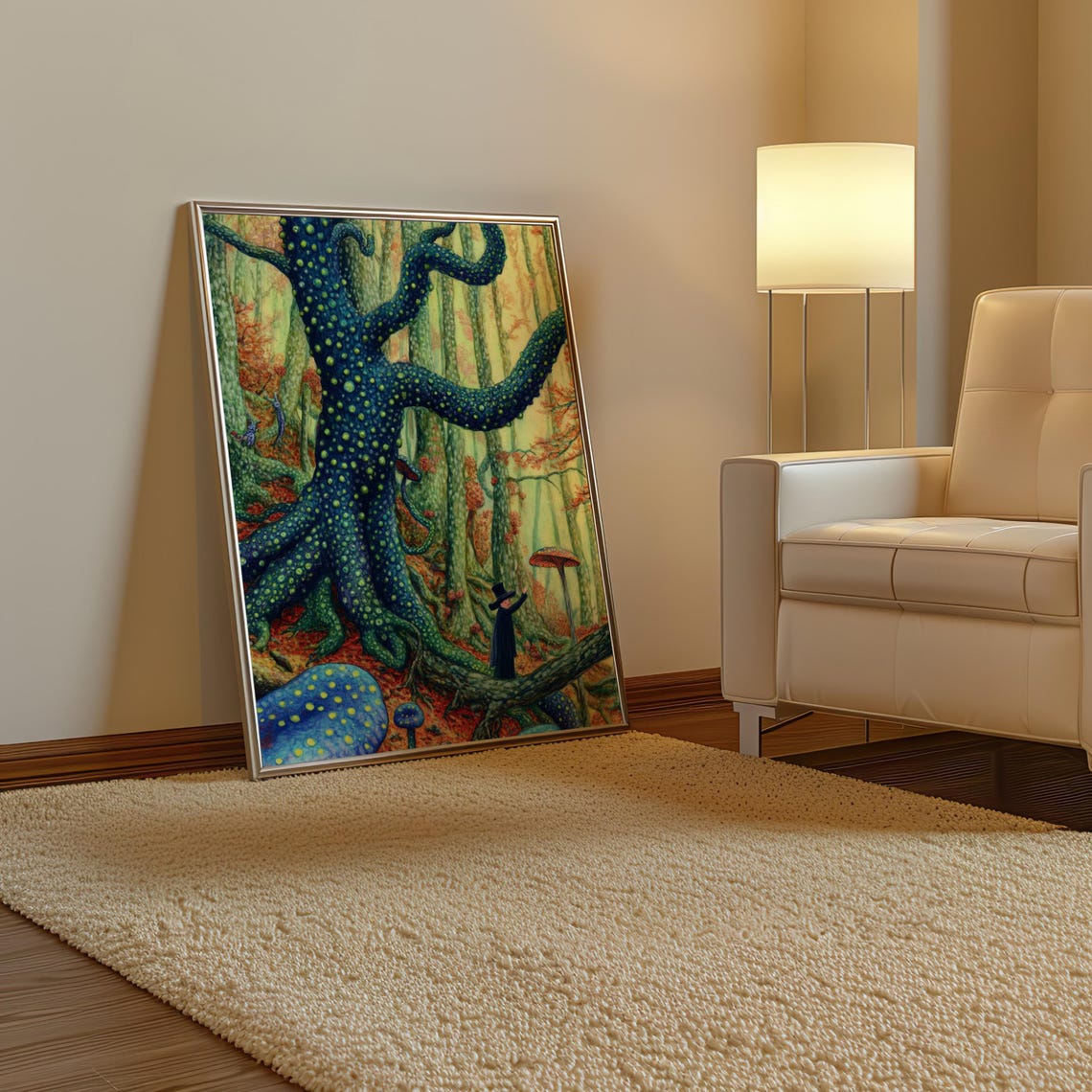 Spotted Green Tree Spirit Forest with Wild Mushrooms Art Poster - Image 3