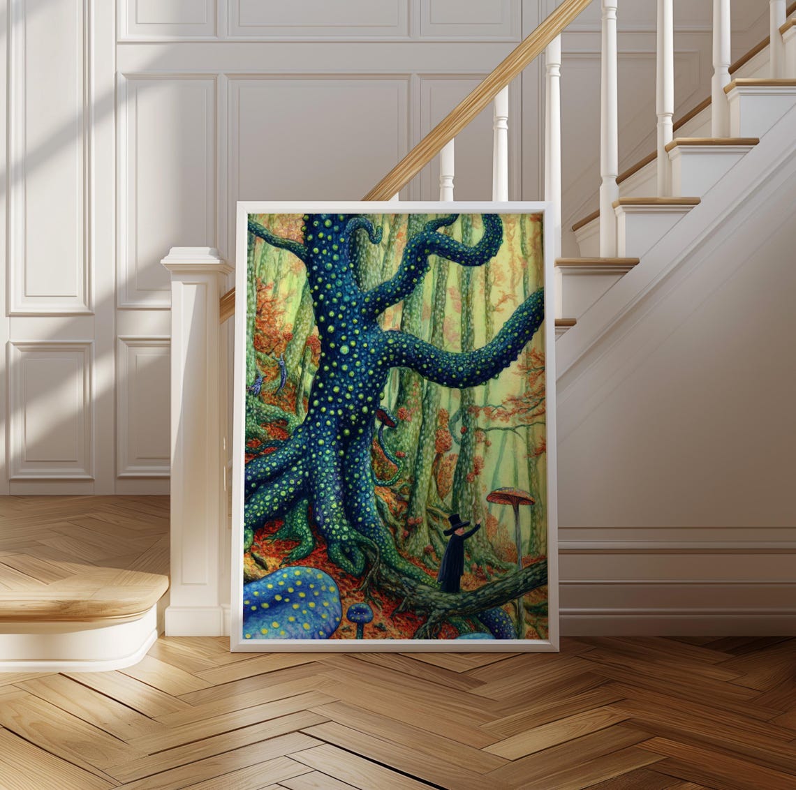 Spotted Green Tree Spirit Forest with Wild Mushrooms Art Poster - Image 2