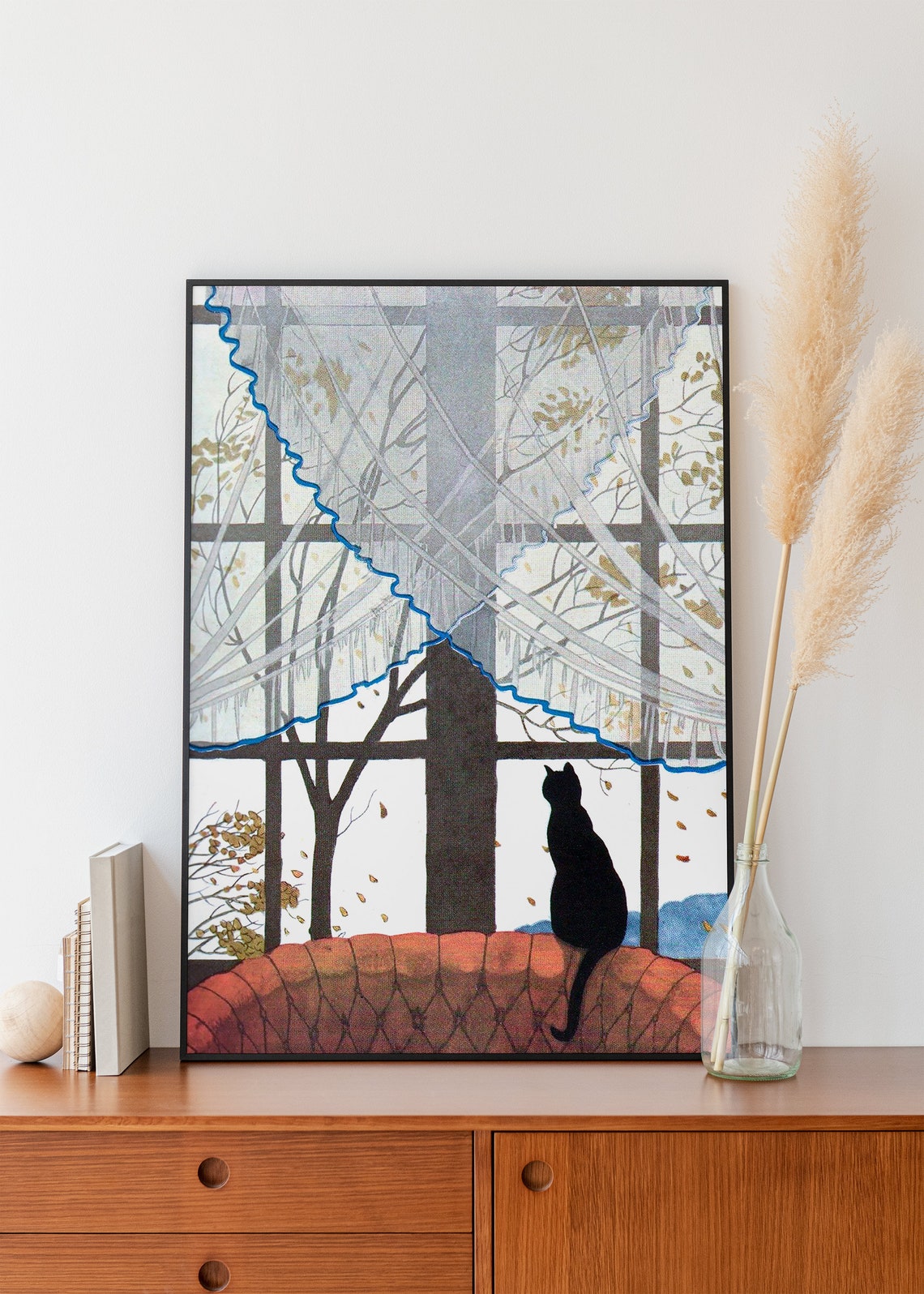 Black Cat Autumn Window Silhouette Vintage Illustration Art Print - Image 3