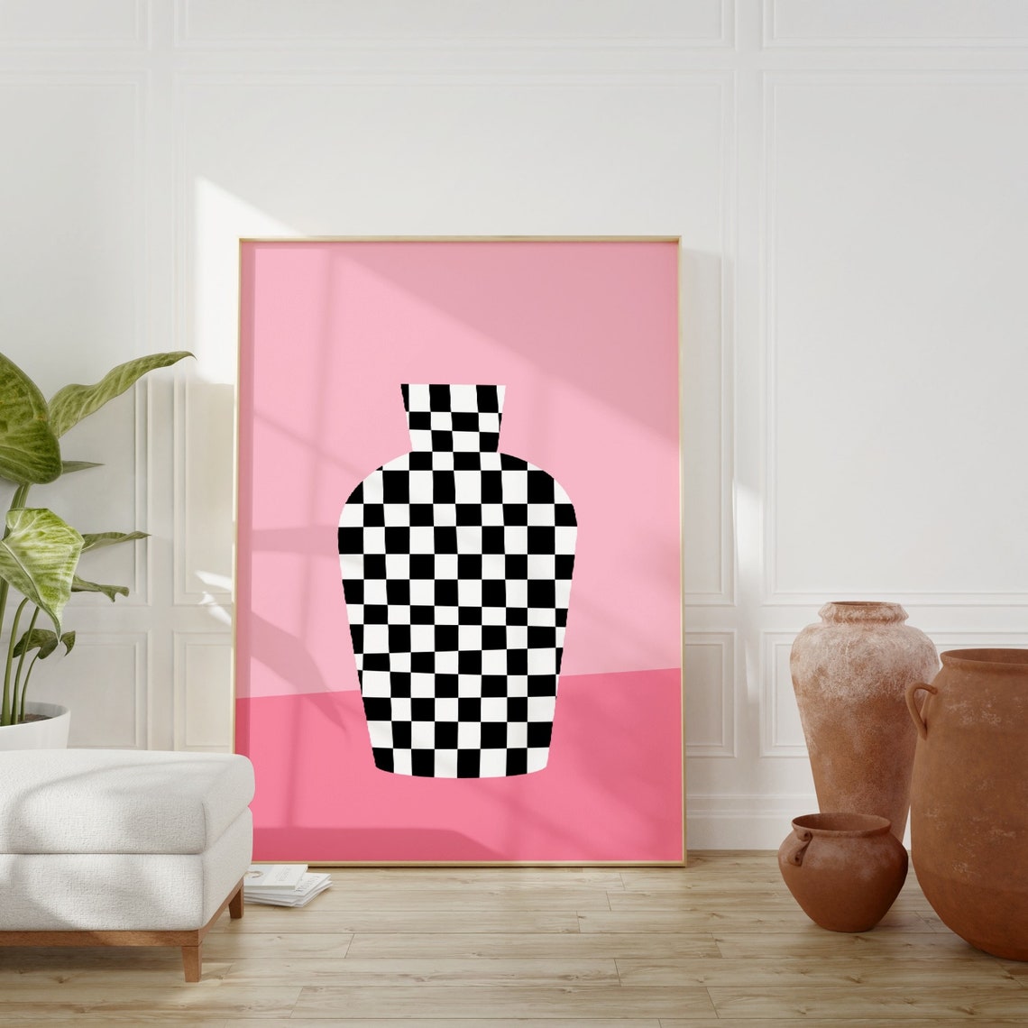 Checkered Black and White Vase Pink Background Scandi Poster - Image 3