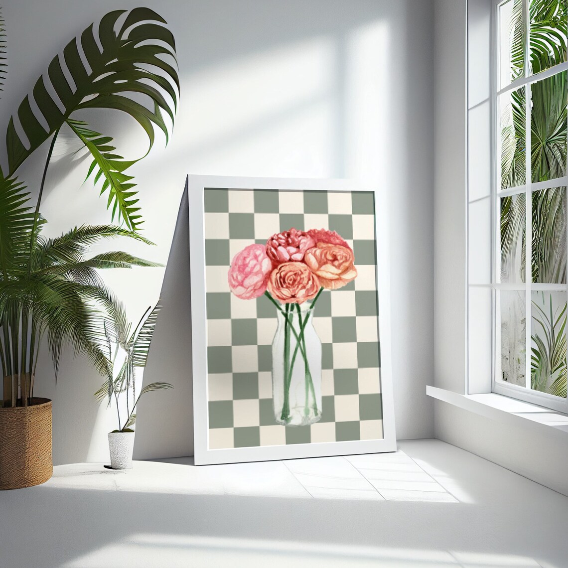 Bouquet Of Flowers Art Print, Checkered Floral Decor - Image 2