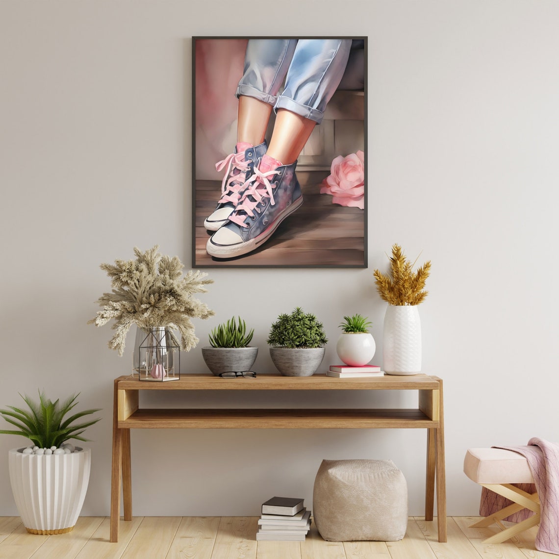 Cuffed Denim Jeans Blue Sneakers Pink Laces Rose Girl Art Poster - Image 2