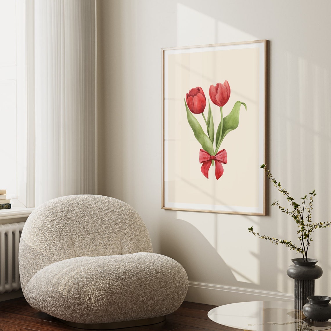 Red Tulips Watercolor Bow Coquette Floral Bouquet Cream Art Print - Image 2