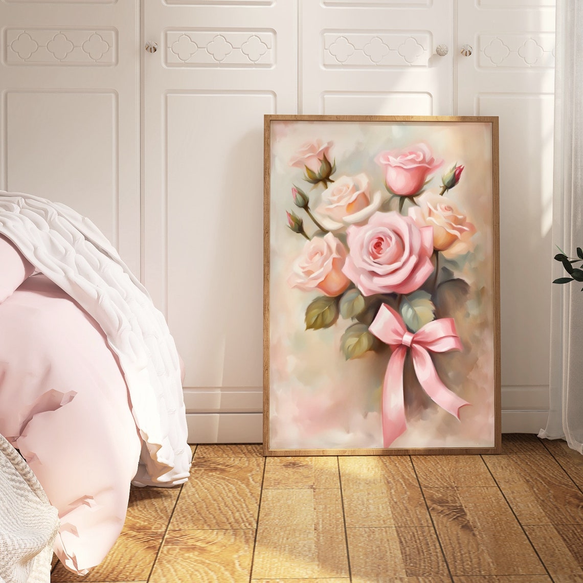 Pink Roses Oil Painting Romantic Elegant Pink Bow Floral Art Poster - Image 3