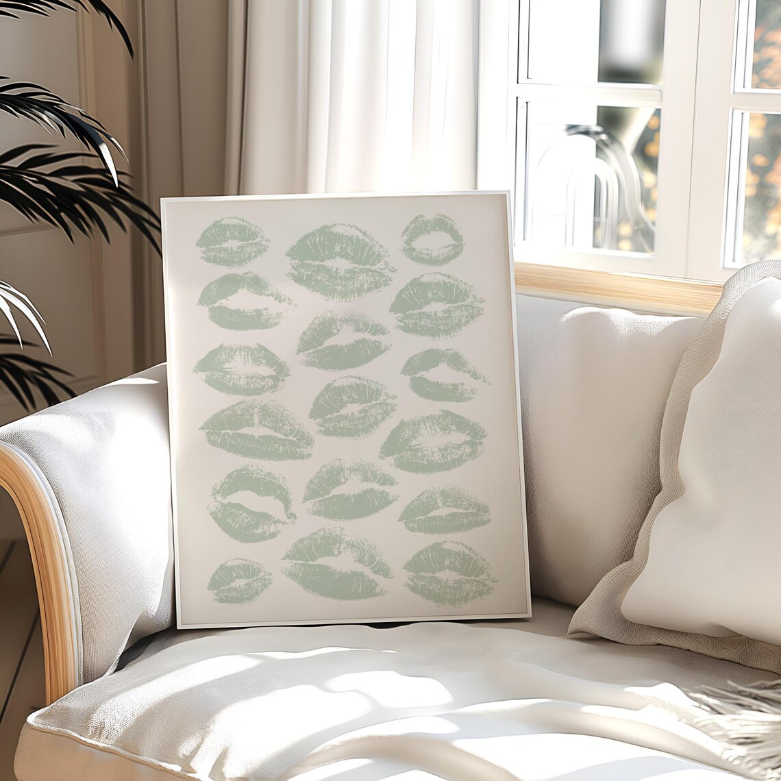 Sage Green Kiss Lips Trendy Poster Print