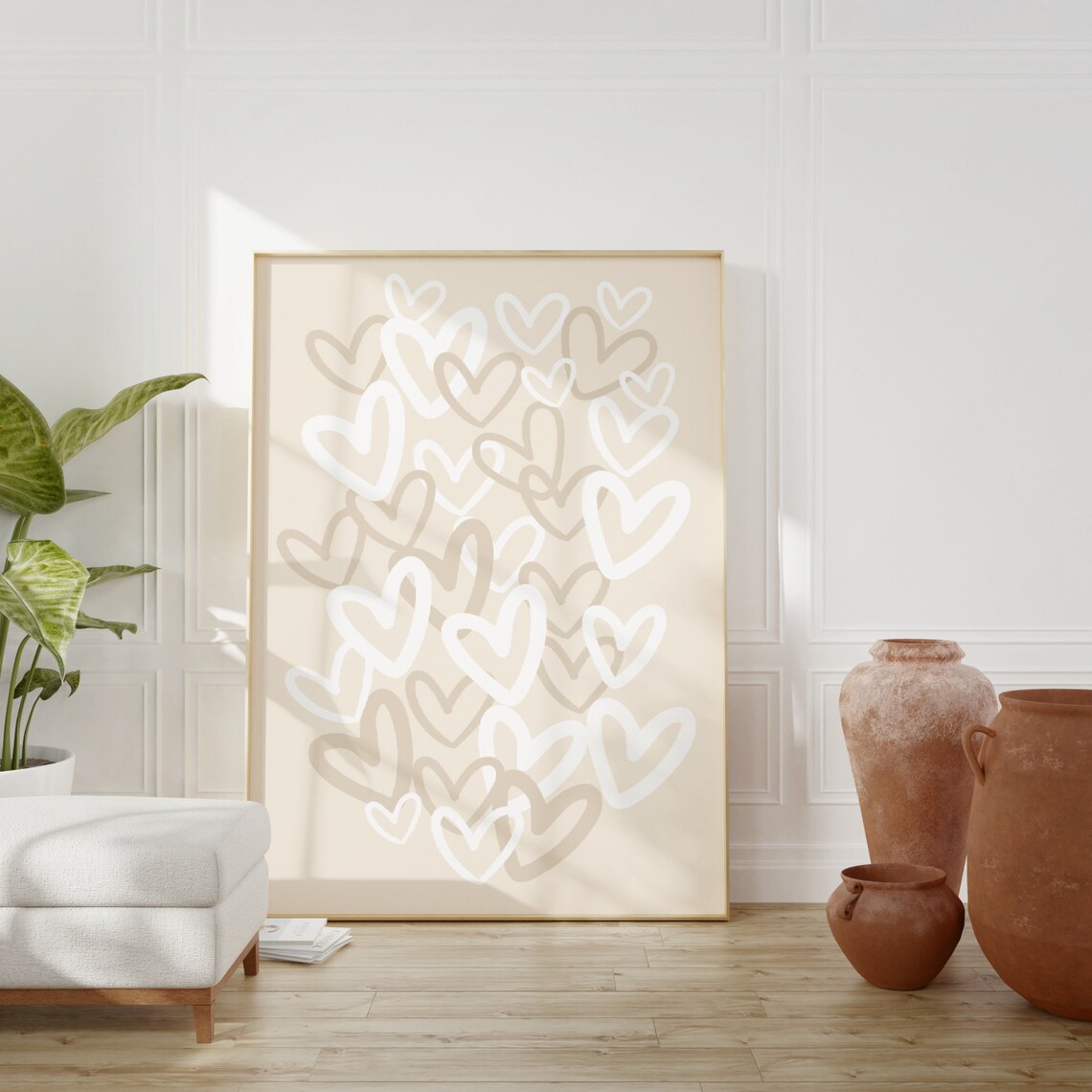 Hearts Print, Beige Preppy Wall Art Poster - Image 3
