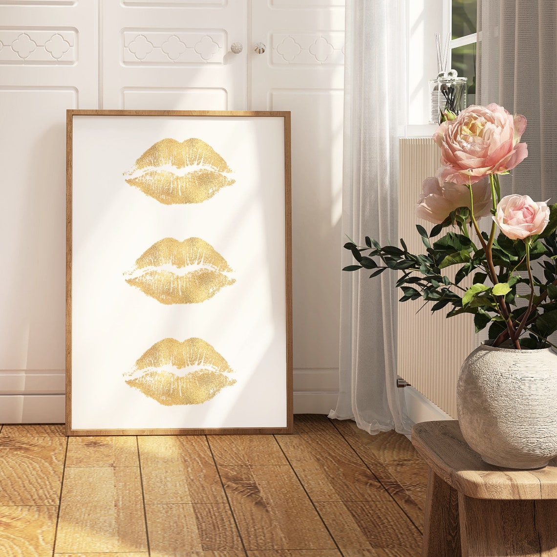 Three Gold Glitter Lips Kiss Marks Glam Preppy Bedroom Poster - Image 3