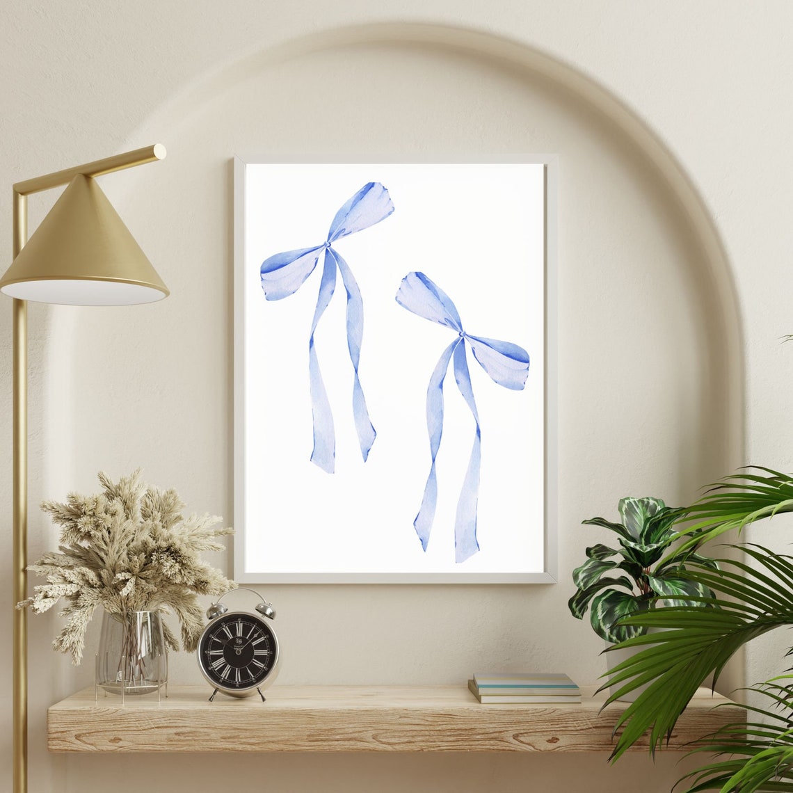 Blue Watercolor Ribbon Bow Pair Preppy Coquette Elegant Nursery Print - Image 3