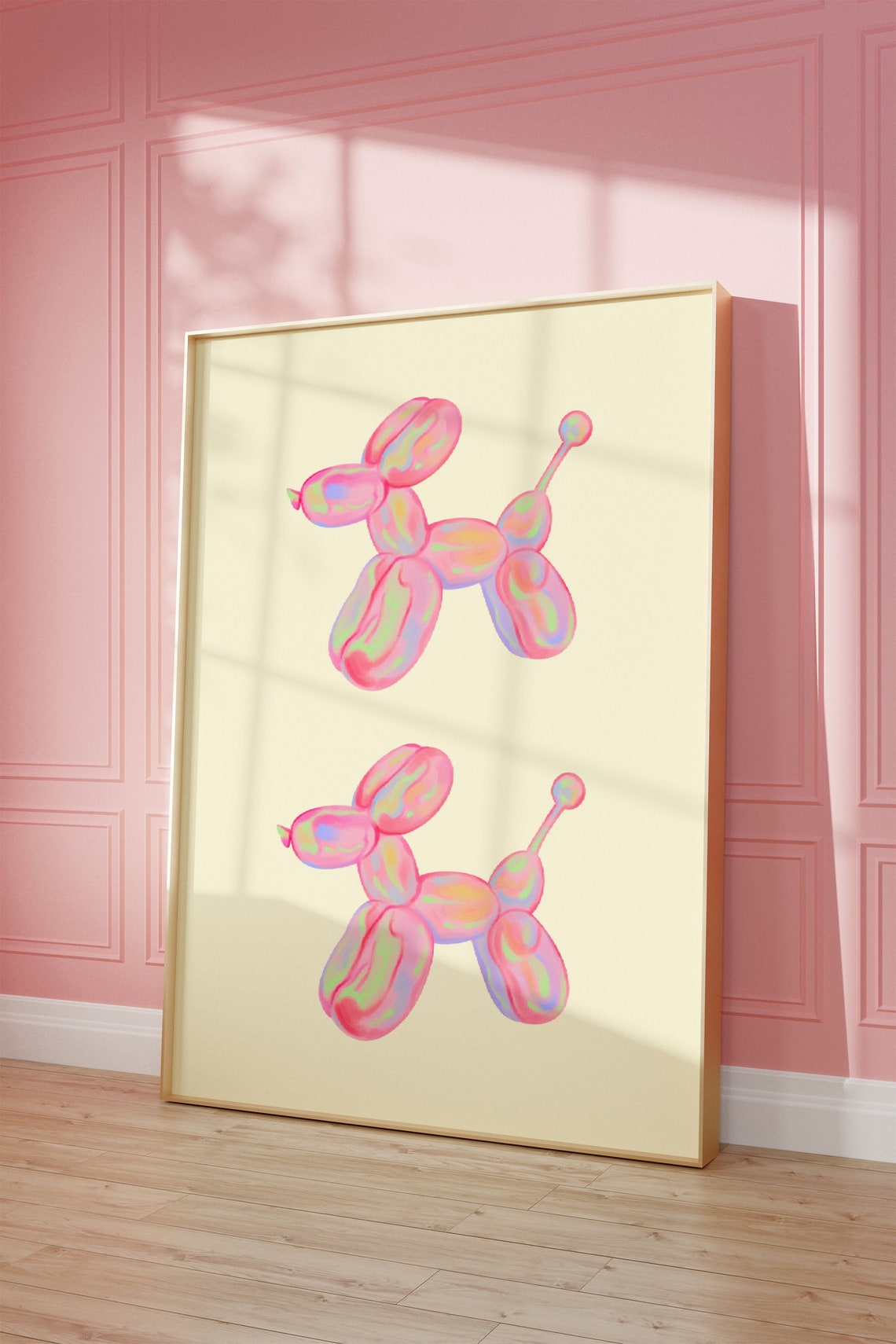 Pink Pastel Balloon Dog Pair Fun Retro Kids Nursery Decor Poster - Image 3