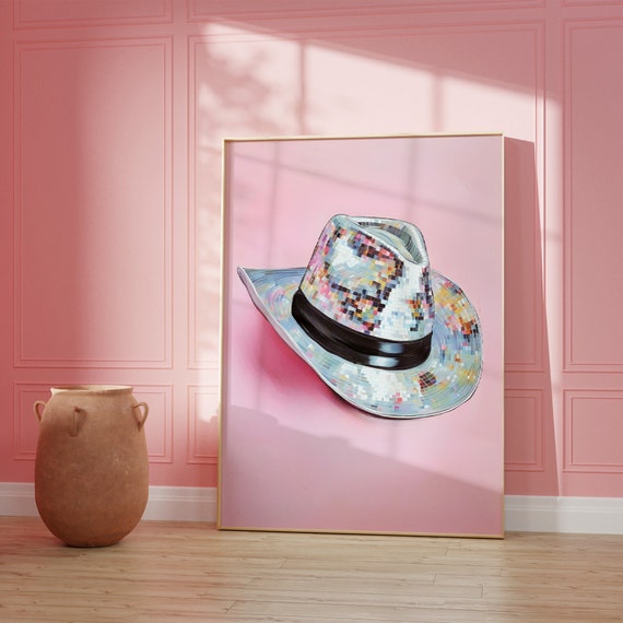 Disco Cowgirl Hat Print Disco Silver Hat Retro Pink Preppy Wall Art Girly Western Cowboy Hat Apartment Decor Disco Ball Hat
