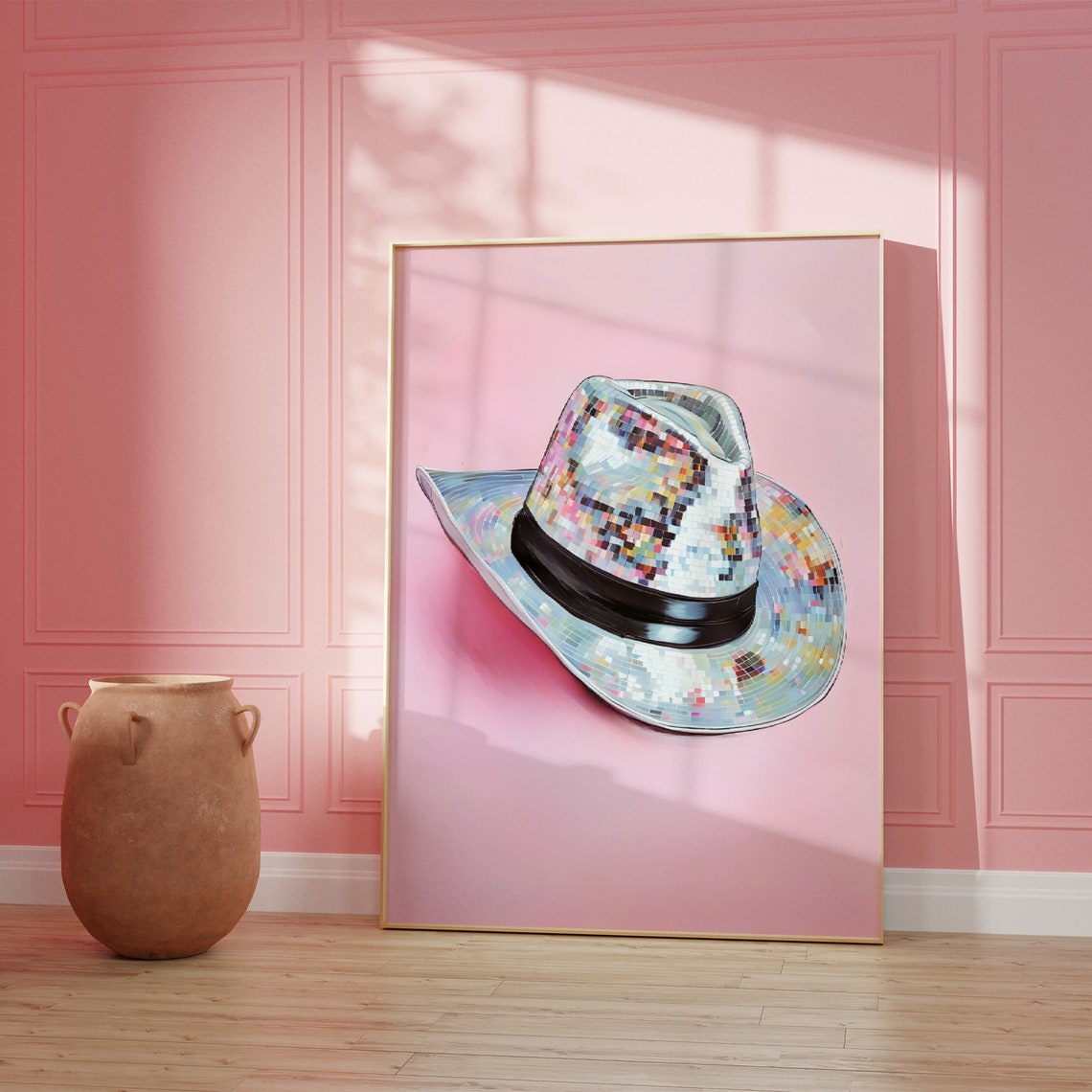 Disco Ball Cowboy Hat Pink Background Western Party Art Poster